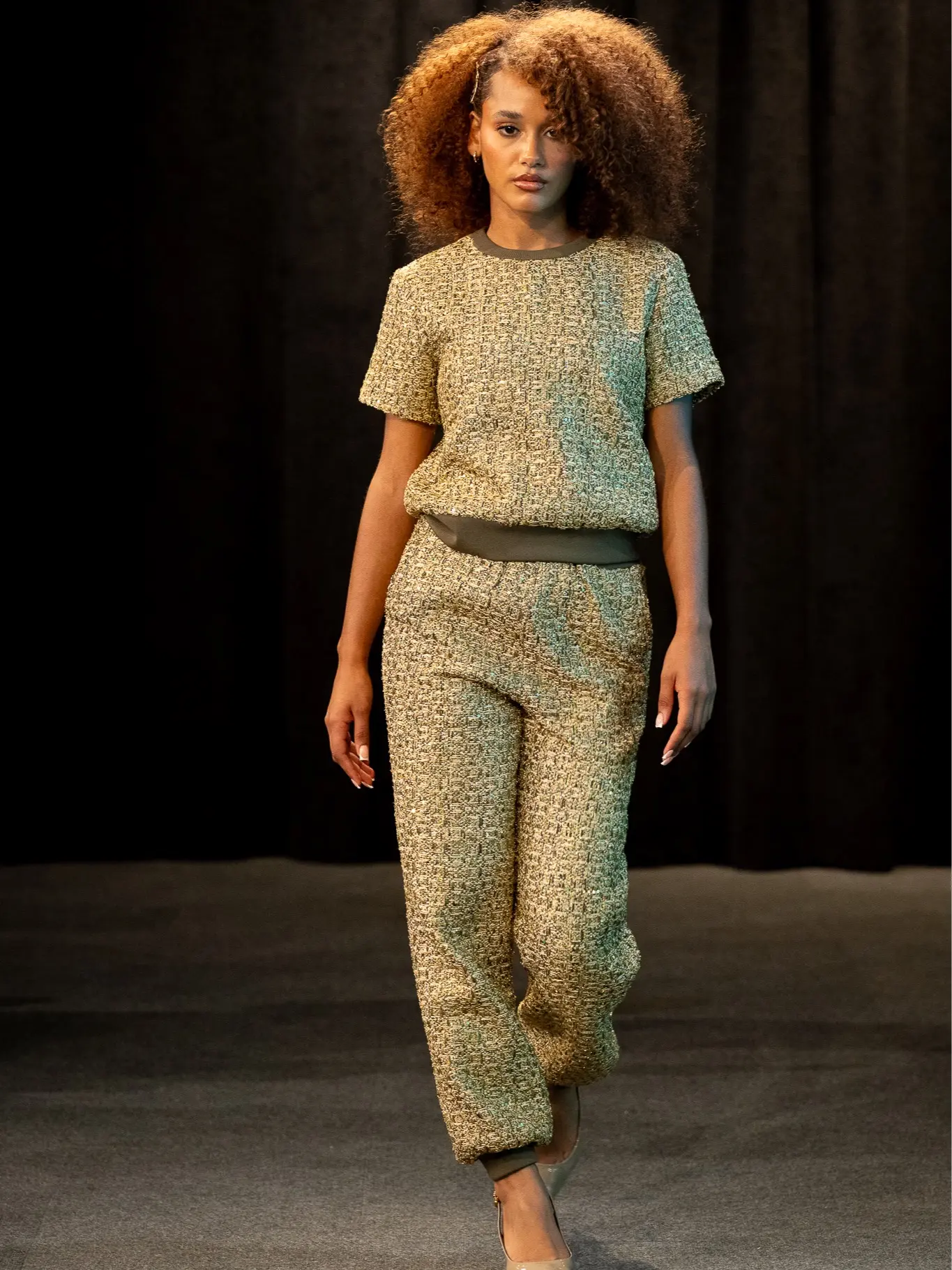 GreenStar Women's Sweatpants in Greenish Gold Iridescent Sequin Tweed
