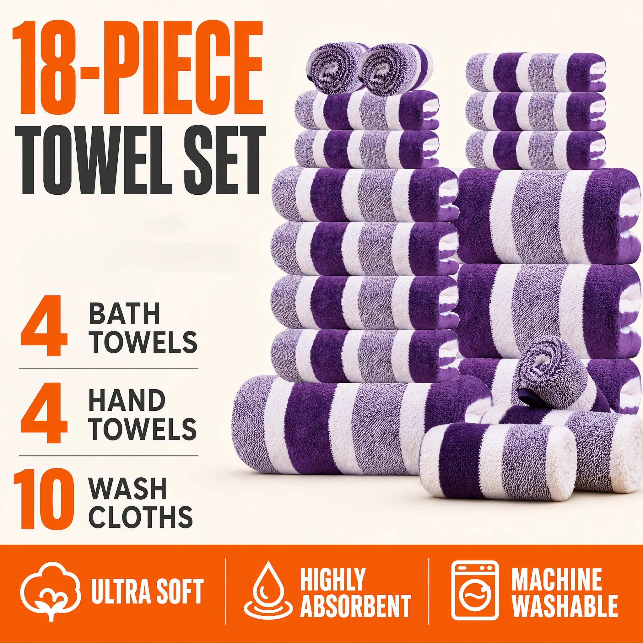 18pcs Luxury Bath Towels Set - Quick-Dry Highly Absorbent Plush Soft Coral Fleece-like Texture, Multi-Size Family Bathroom Towels with Hanging Loops (30x30cm, 70x140cm) for Home, Hotel & Spa - Navy & Striped Design, Durable & Space-Saving Storage