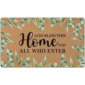 God Bless This  and  Who Enter Door Mat, Christian Religious Front Door Mat Rug Outdoor Indoor Entrance, Eucalyptus Botanical Artificial Coir Doormat for Patio Entryway, 30x17 Inch
