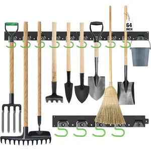 Plastic 64 Inch Adjustable Storage System, Wall Mounted Hooks Tool Organizer, Garden Tool Hangers, Black