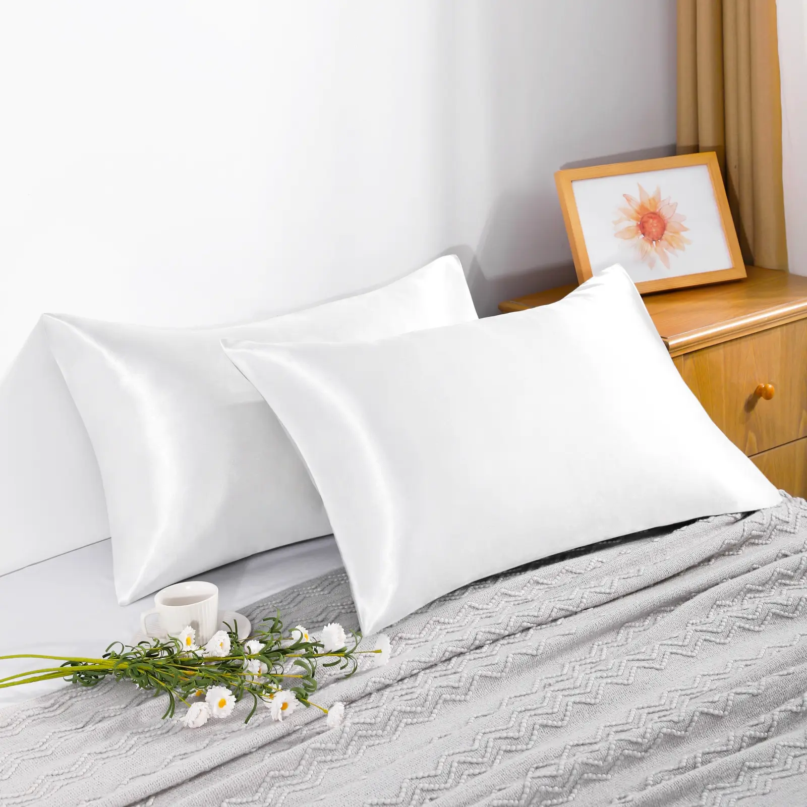 HTA Satin Pillowcases 2-Pack – California King, Anti-Acne & Hair-Friendly, Cooling Breathable, Wrinkle-Resistant, Silky Soft Envelope Closure