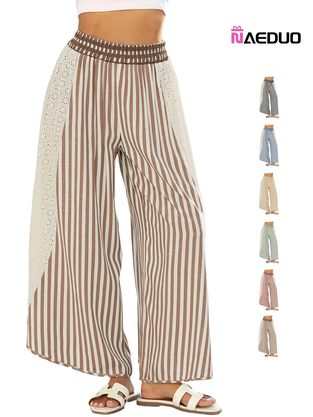 Naeduo Women's Boho Striped Bottoms, High Waisted Full Length Pants with Eyelets Patch, Flowy Wide Leg Rayon Blend for Summer Beach, Stripped Look