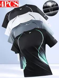 Pack of 4 – Men’s summer casual athletic T-shirts; stylish quick-dry, comfortable fabric; stretchy, breathable gradient print design; men’s short-sleeve training tops suitable for sports, outdoor activities, and casual wear; ideal for fitness, running, wo