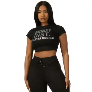 Sheteka Black Rhinestone Crop Baby Tee Shirt