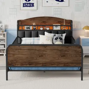 Modern Black Full Size Metal Bed Frame with Upholstered Headboard, Metal Build, Storage, LED Light, Rails, Low Platform and Slat Support for Bedroom
