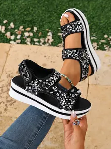 Women's Sequined Summer Shoes, Straw-Look Wedge Sandals, Thick-Soled Women's Sandals, Casual Beach Sandals, Jute-Look Sole Fashion Shoes, Women Shoes