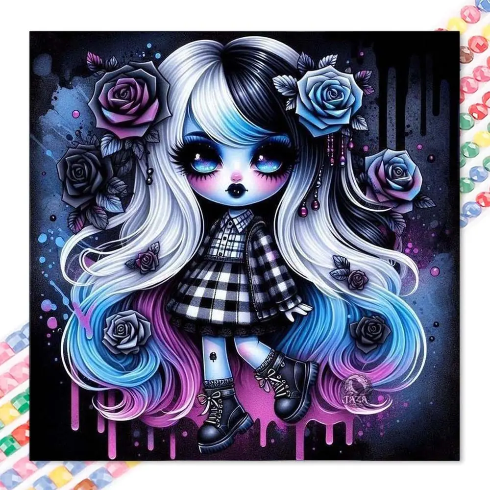 1 set of DIY diamond painting kit, 5D diamond art kit, DIY decoration of rose, colorful long hair, checkered skirt. Mosaic, diamond art, DIY art home decoration, suitable for Christmas, Diamond Art Tools