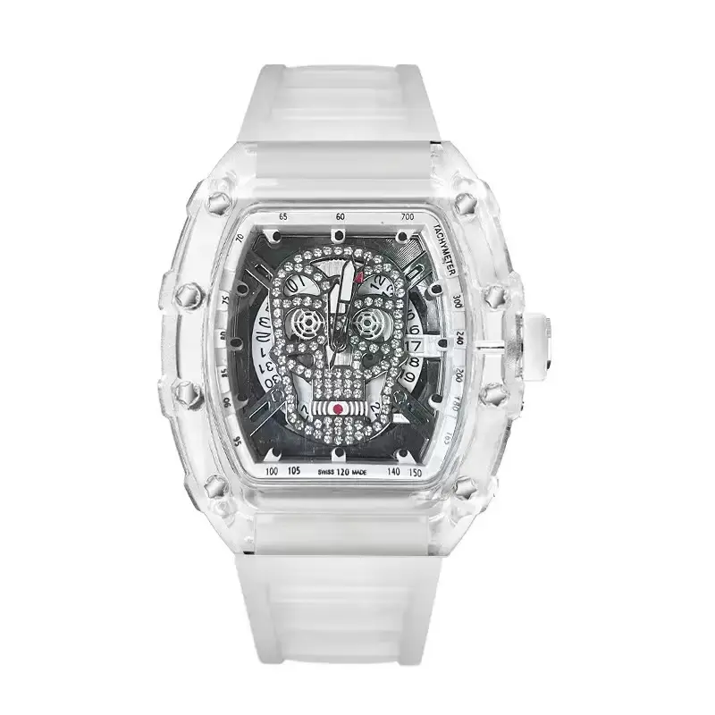 Men's Luxury Timepiece, Transparent Analog Male Design with Hardlex Glass and Secure Clasp, 50m - 100m Water Resistance for Daily Wear, Plastic Strap, Barrel, Male Watch, 46Mm, Waterproof, Luminous, Quartz, Silicone