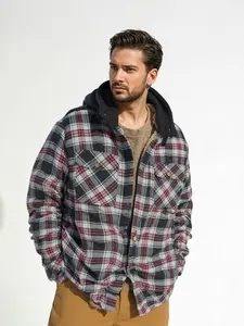 Men's Long Plaid Jacket Fleece Lined Flannel Button Up with Hood for Warmth & Style Comfortable  Blend Cell Phone Pocket Hand Side Pockets