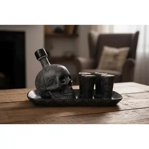 Stoneware Skull Decanter Set with 4 Shots & Base – Handmade – Mexican Pottery -