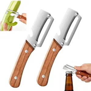 Multi-Functional Vegetable Peeler for Kitchen, 2 in 1 Stainless Steel Vegetable Peeler with Wooden Handle and Bottle Opener,Kitchen Tool for Fruit Apple Potato Carrot Pumpkin Papaya (2pcs)