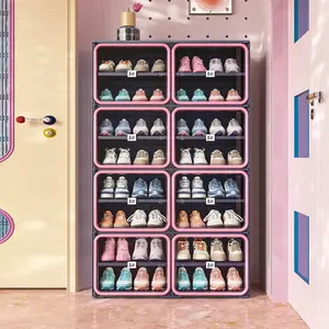 Colorful Stackable Shoe Storage Cabinet with Magnetic Clear Doors, Foldable Entryway Shoe Organizer, Sneaker Display Rack (6/8/10 Tier, Pink-Blue / Red-Black)