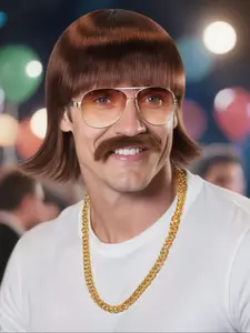Halloween 4Pcs Set 70s 80s Disco Wig With Mustache Glasses Chain, Short Flip Out Wavy Brown Bob Hair With Fringe Men Mullet Wig For 60s Singer Rocker Hippies Costume Cosplay Party Wigs Short Fluffy Out Flip Brown Wig With 1 Gold Necklace, 1 Brown Beard, 1
