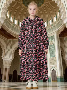 Girls' Hooded Design Rose Print Abaya, Muslim Children Long Length Casual Dress, Comfortable and Stylish, Perfect for Daily Wear