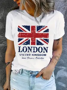 London Fashion City Uk Flag Pattern T-Shirt, Short Sleeve Round Neck Summer Casual Top, Women's Loose-Fitting Clothing