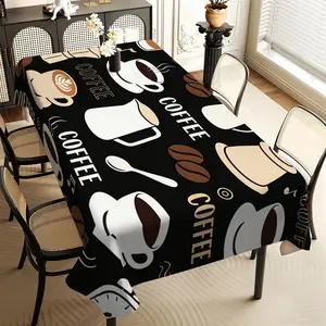 JIT 1PC 2D Flat printing, coffee element pattern long tablecloth, tabletop decorative cloth, tabletop protective cover, suitable for indoor and outdoor use, holiday style, universal in all seasons