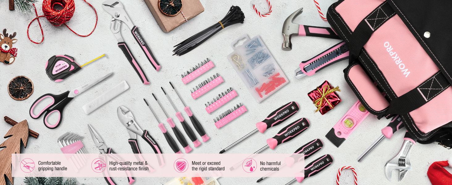 #backtoschool WORKPRO Pink Tool Set, 277 PACKS Home Repairing Tool Kit, Pink Tool Bag with 13-Inch Wide Mouth Open Storage Bag, Portable Home Tool Kit Including Hammer, Screwdriver, and Household Tools - Pink Ribbon