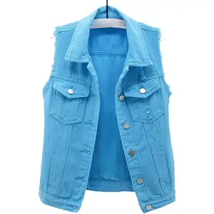 Women's Casual Denim Waistcoat Slim Fit Frayed Sleeveless Jacket Ripped Tops with Pockets