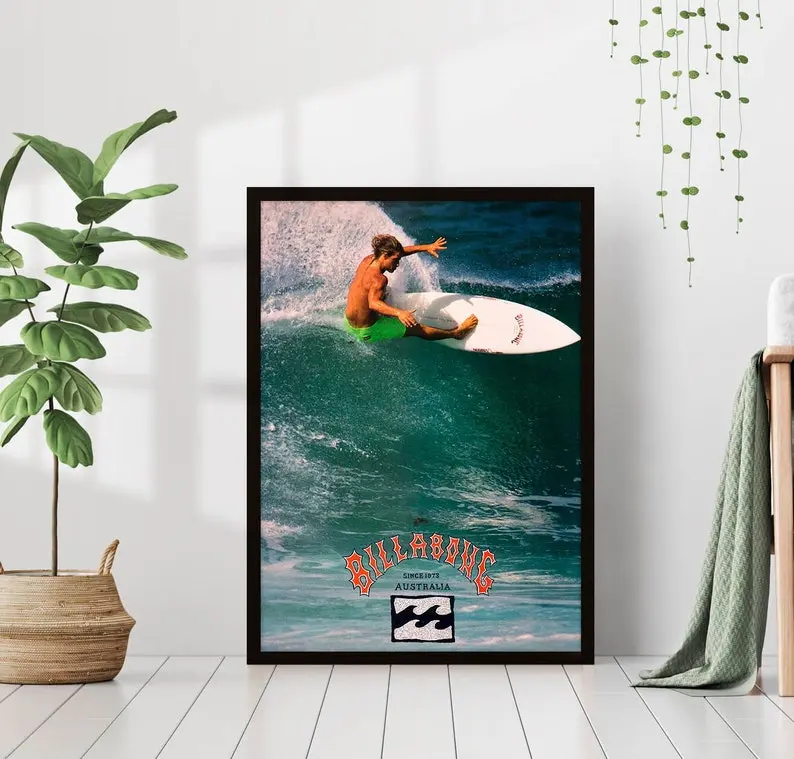 Vintage 1990 Billabong Surfing Surfer Retro Poster Canvas Print Framed Wall Art Beach House Coastal Room Decor Ocean Waves Summer California