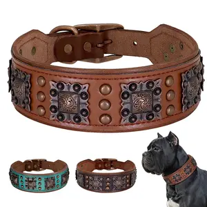 Cool Spiked Dog Collar for Medium Large Dogs – Genuine Leather Adjustable Pitbull Bulldog Collar with Metal Buckle & D-Ring