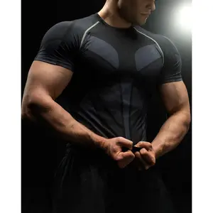 Men Contrast Stripe Mesh Panel Compression Short Sleeve Shirt, Breathable Sweat Wicking Muscle Shaping Gym Workout Athletic Top