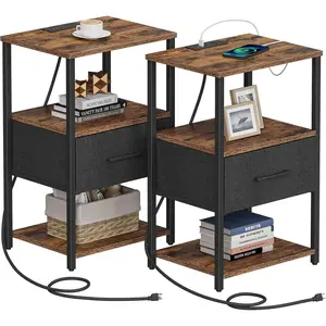 TUTOTAK Nightstand Set of 2, Night Stand with Charging Station, End Table, Bedside Table with Fabric Drawer, Side Table for Livingroom and Bedroom, Brown TB01BB0692