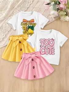 4-Piece Girls' Casual Cute Round Neck Short Sleeve T-Shirt & Skirt Set | Lemon Flower Bow & Letter Print | Fashion Sweet Summer Daily Wear