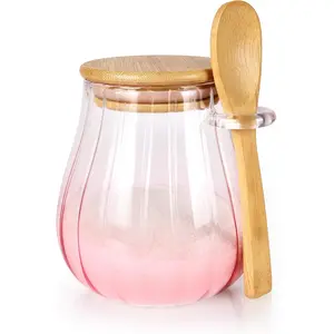 15 oz Pink Sugar Bowl with Bamboo Lid and Spoon, Glass Jar with Airtight Lid, Brown Sugar Keeper, Sugar Container for Coffee Bar and office, Kitchen Decor and Accessories