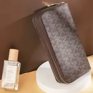 Premium Women's Brown Pattern Zip Wallet Double-Zip Wristlet with Multi-Compartment for Phone Cards Cash Coins Durable Lightweight PU Leather Fashion