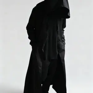 Men's Gothic Hooded Trench Coat – Black Oversized Robe for Cosplay, Dark Aesthetic & Streetwear