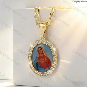 14K Gold Plated Virgin Mary Pendant Necklace for Catholic Gift & Daily Wear Vintage Catholic Jewelry with Cubic Elements