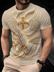 New Religious Prayer Hand Angel Wings Cross Print Men's Round Neck 3D High-Definition Short Sleeve, Sporty Slim-Fit Summer Streetwear T-Shirt Graphic