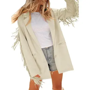 FMEYOA Womens Faux Suede Fringe Jacket Casual Blazer Long Sleeve Lapel Button Front Suit Jackets RT8225