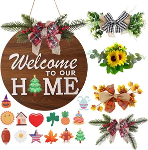 Interchangeable Welcome Sign for Front Door with 4 Seasonal Wreaths and 14 Changeable Icons, Farmhouse Front Door Signs, Door Decoration Porch Decor, Seasonal Wooden Home Sign Home décor (6wood)
