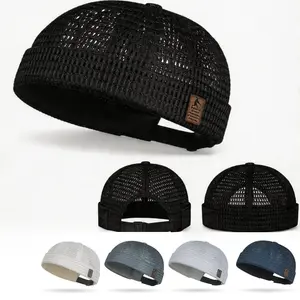 Classic black mesh melon skin hat, leather label breathable hip-hop brimless landlord hat, lightweight hollow adjustable soft hat