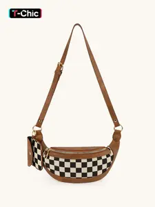Women's Checked Pattern Fanny Pack with Headphone Bag, PU Checkered Crossbody Bag for Women, Two Way Zipper Closure Crossbody Fanny Pack for Daily Shopping Travel, Checkered Bum Bag, Casual Waist Bag