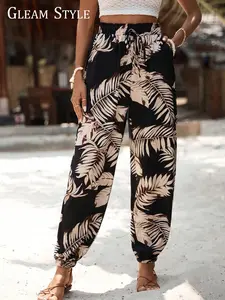 Women's Palm Tree Print Tie Front Jogger Pants, Casual Comfy Trousers for Daily Wear, Ladies Bottoms for All Seasons