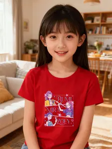 Girls' Summer Single Short Sleeve T-Shirt, Cute Graphic Tee, Cartoon Girl Group Design with Rumi Mira Zoeys, Casual Loose Fit, Trendy Kids Clothing, Custom Name Shirt