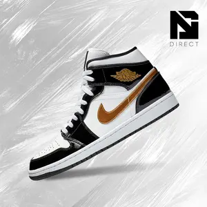 Nike Air Jordan 1 MidPatent Black White Gold– Men's Lifestyle Sneakers – shoes for man  - Running Shoes, Lightweight Shock-Absorbing Comfort, Breathable Everyday Fit, Gym Training to Street Casual Wear - back to school - 852542 007