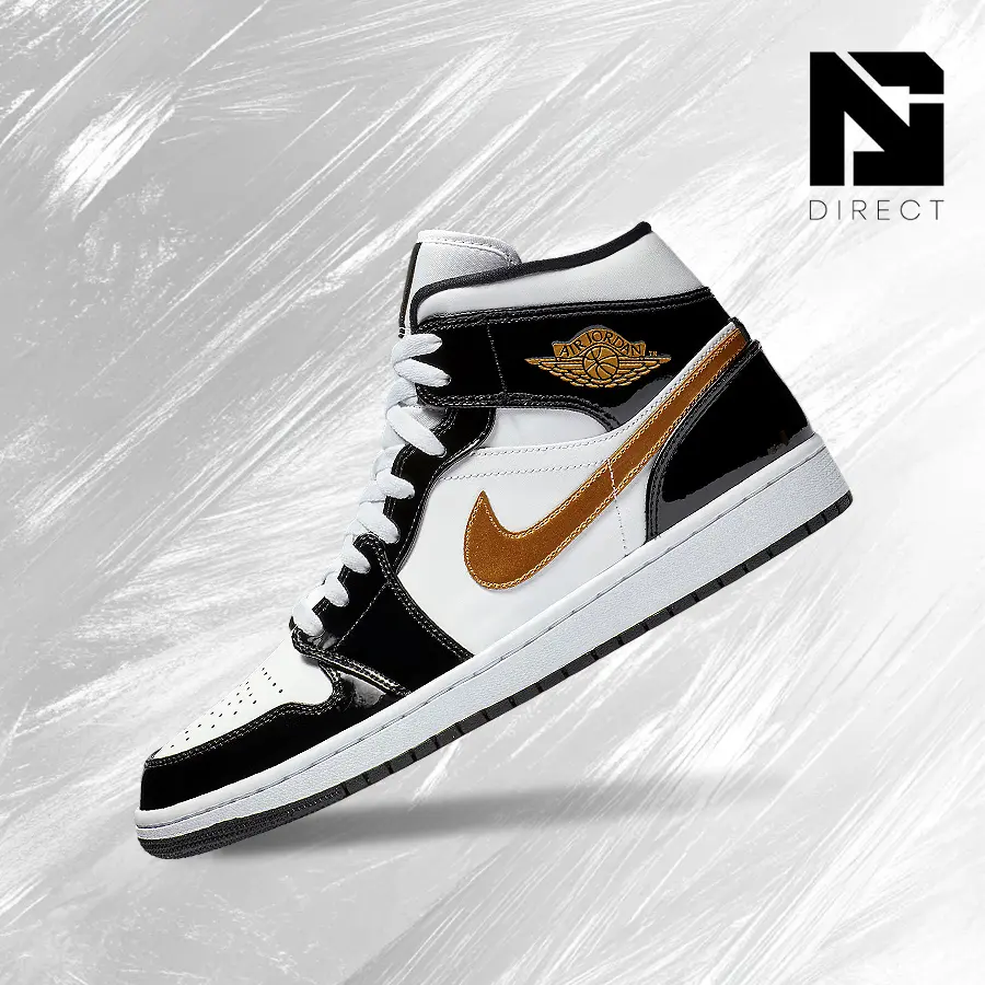 Nike Air Jordan 1 Mid Sneakers for Men, Patent Black White Gold, Lightweight Breathable Fit for Streetwear and Back to School (852542-007)