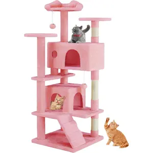 54-Inch Multi-Level Cat Tree Tower, Large Indoor Cat Activity Center with Sisal Scratching Posts, 2 Cozy Condos, Ladder, Plush Perches & Hanging Toys, All-in-One Play & Rest Furniture for Kittens & Adult Cats, Pink