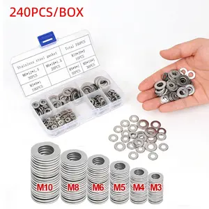 240Pcs Stainless Steel Flat Washers Set M3 M4 M5 M6 M8 M10 Hardware Gaskets with Organizer Box Perfect for DIY Craft Home Improvement Mechanical Electronic Projects