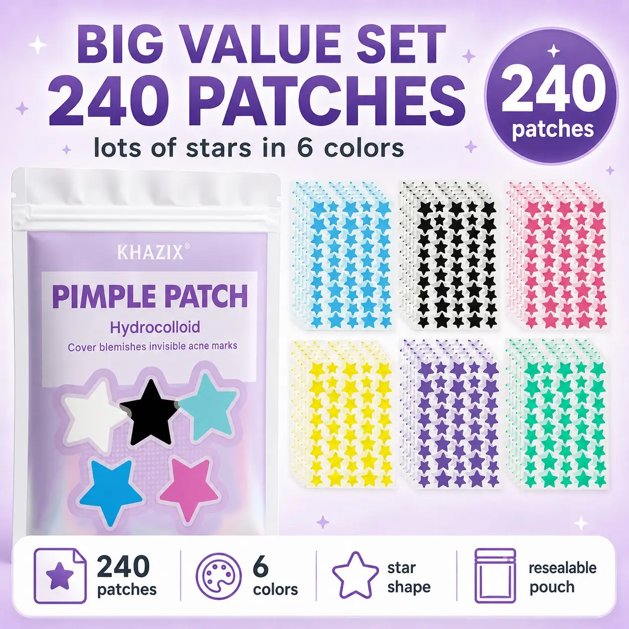 240pcs Star-Shaped Acne Pimple Patches, Cute Multi-Color Design, Hydrocolloid Material, Gentle Acne Care, Daily Skin Care Essentials, Acne Spot Patches