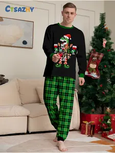 Men's 2-Piece Christmas Pajama Set - Dinosaur and Elf Printed Pajamas with Plaid Pants and Matching Top