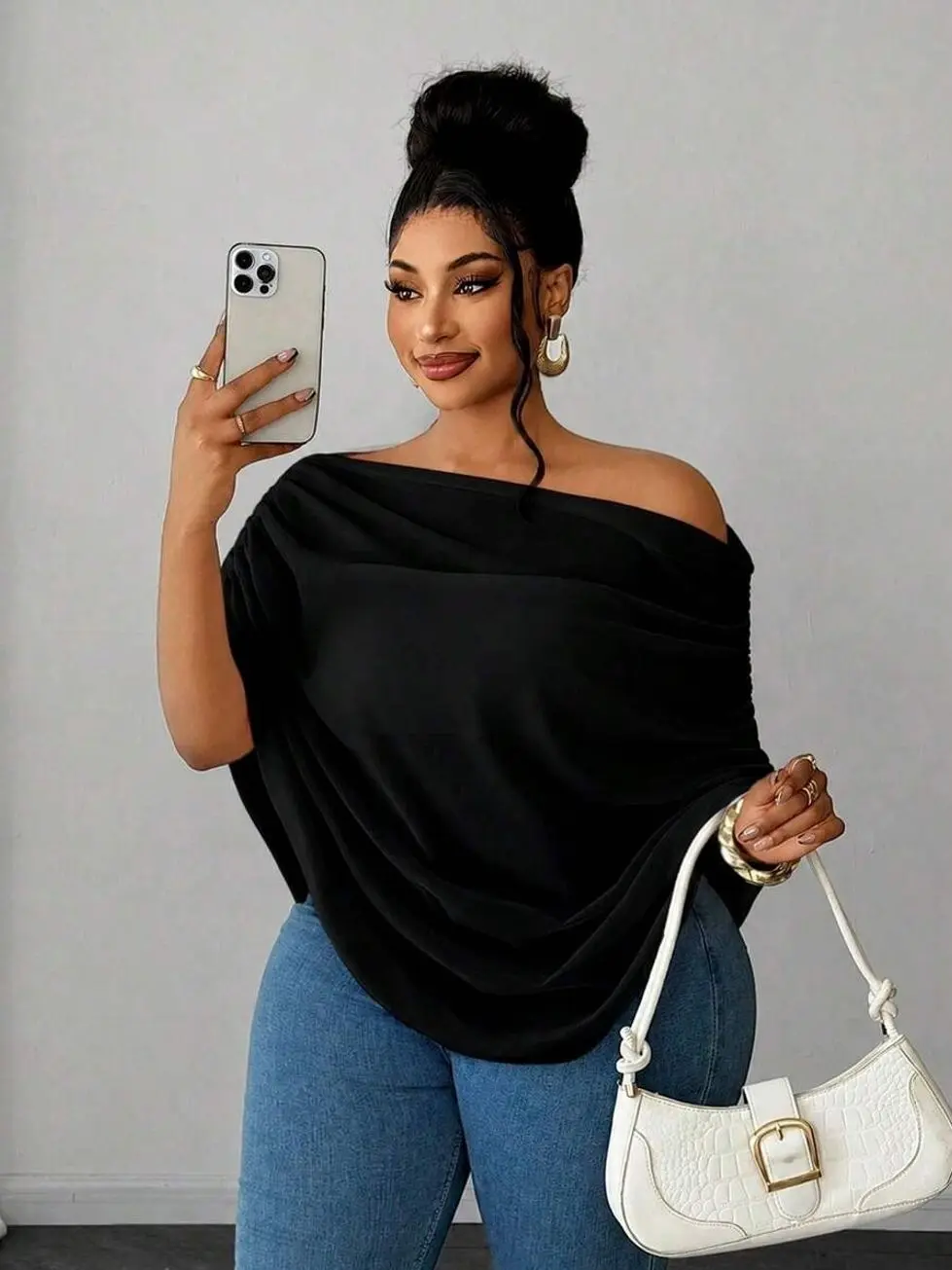 Elegant Black Off-Shoulder Blouse For Women, Soft Pleated Drape Design, Comfortable Short-Sleeved Casual Shirt For Daily Or Party Wear