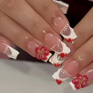 24pcs Square French 3D Gel Nail Art Set, Glossy Finish, Easy Wear Acrylic Nails, Square Nail Tips, Nail Kit Acrylic, Perfect for Women & Girls, Daily Use & Parties