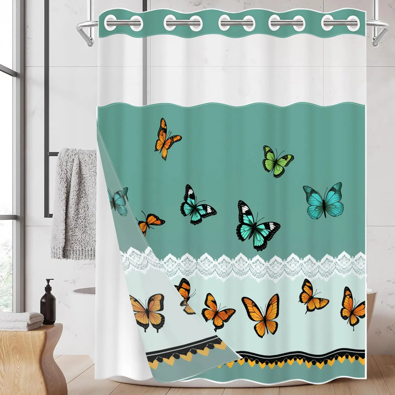 1pc hookless shower curtain, Shower Curtain Cute, modern shower curtain, with buckle lining, spring butterfly lace design, 2D flat printing, fabric waterproof lining, 71 x 74 inches, Bathroom Accessory, Bath Curtains Shower