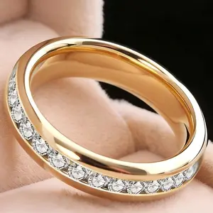 18K Gold Plated Channel Set CZ Wedding Band Waterproof Tarnish Free Eternity Ring for Men Women Luxury Engagement Anniversary Stackable Daily Wear Jewelry Elegant Glittering Ring