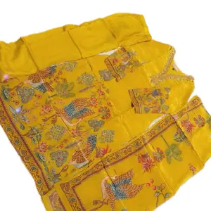 Mustard Indian Suit with Digital Print Top & Comfortable Pants for Women - Clothing, Womenswear Outfit Fashion Floral Style Chic Sleeveless Formal Casual