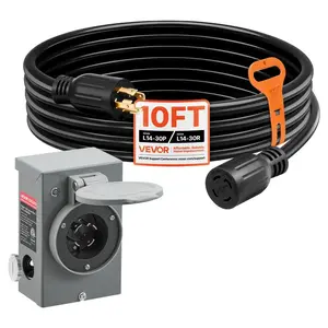 VEVOR 30 Amp Generator Cord and Power Inlet Box, 10 FT, 125/250V NEMA L14-30P to L14-30R Heavy Duty Extension Power Cord, SJTW 10 Gauge 7500W, Pre-Drilled Inlet Box, for Generator to House, ETL Listed
